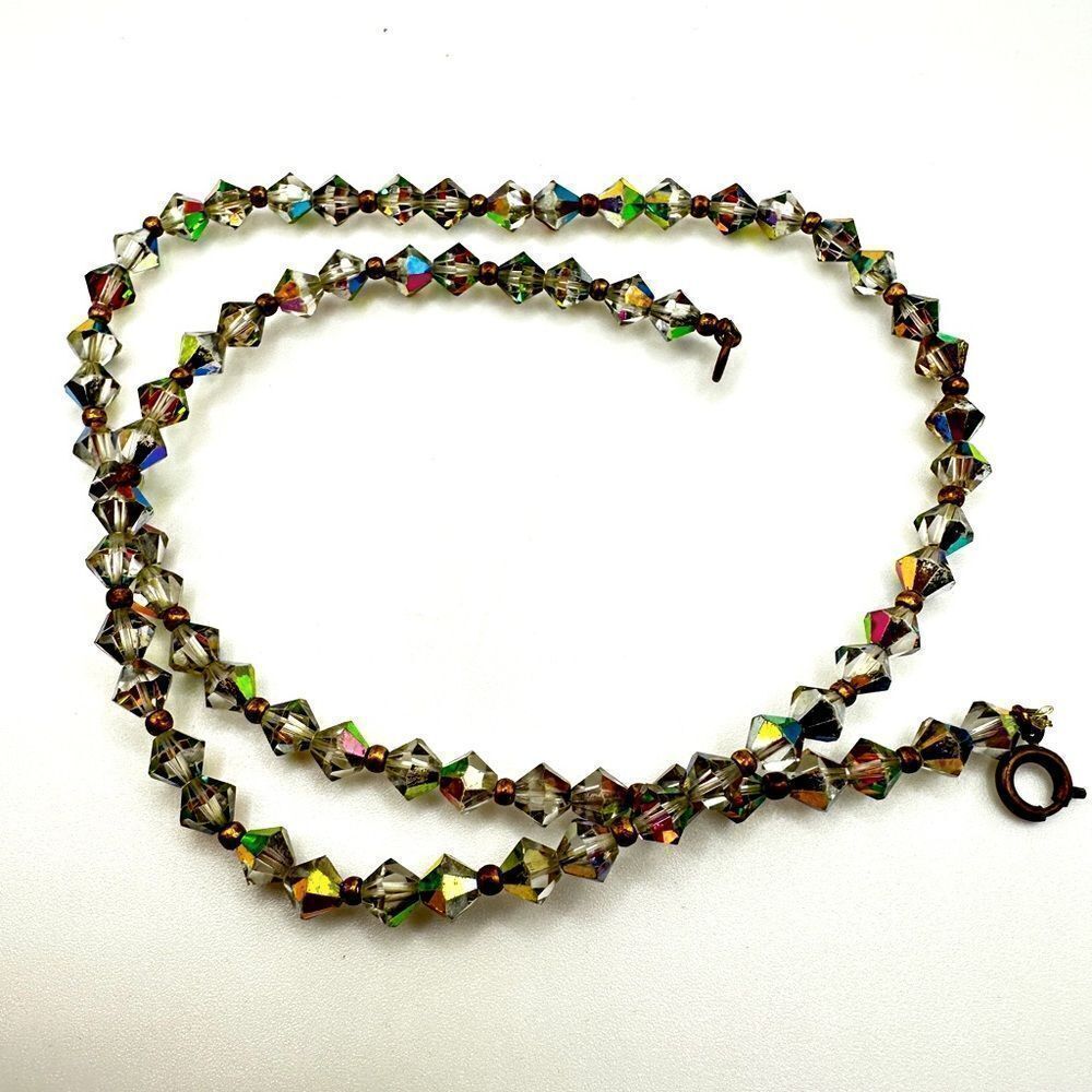 Vintage Aurora Borealis bi-cone crystal‎ necklace, 18”!!